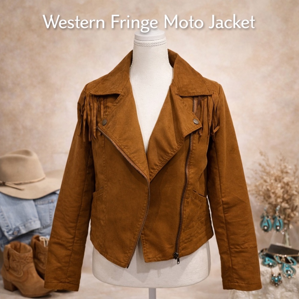 BSweet Faux Suede Fringe Moto Jacket Brown Western Boho Size Small